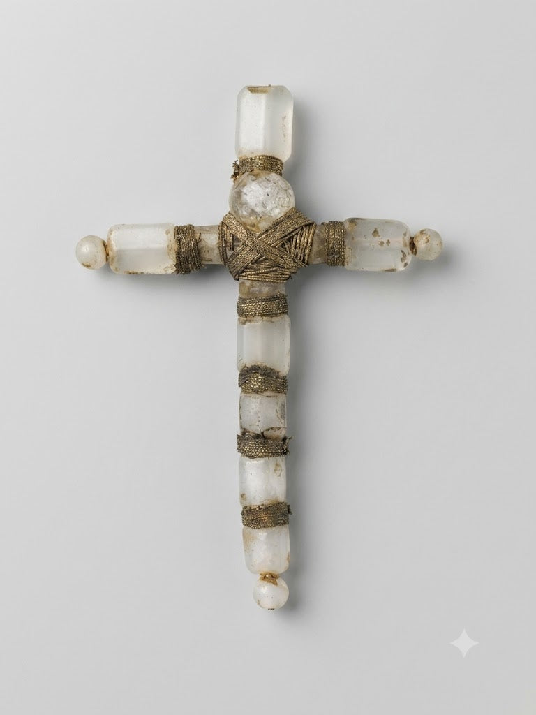 Seltenes Barock-Bergkristallkreuz / Umhängekreuz mit Klosterarbeit-Fassung (18. Jahrhundert)