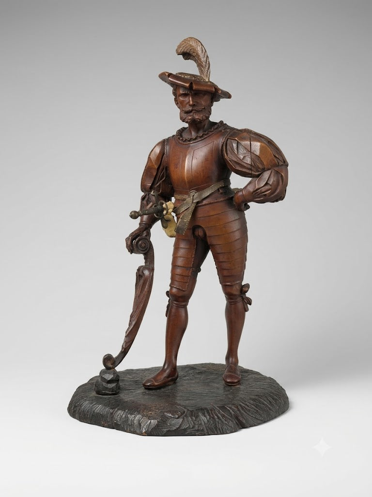Seltene, fein geschnitzte Buchsbaum-Figur: Ein Landsknecht mit Schild und Schwert (um 1880)