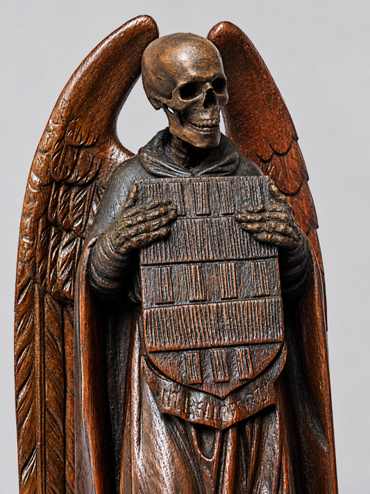 Seltenes Paar geschnitzte Todesengel / Memento-Mori-Figuren mit Wappenschildern (19. Jahrhundert)