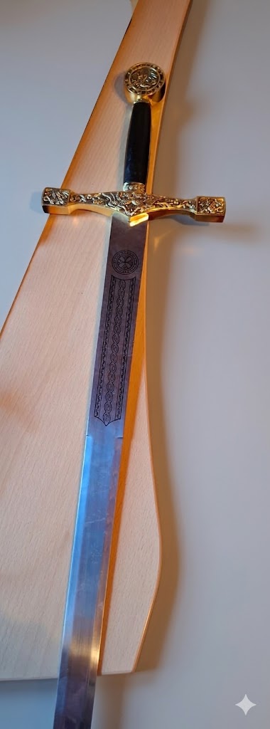 Eindrucksvolle Ritterrüstung „Modell Adalbert“ von Kunibert – inkl. Excalibur-Schwert & Holzsockel (ca. 1,95 m)