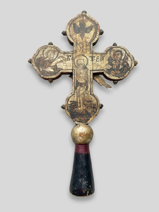Seltenes orthodoxes Vortragskreuz und Segenskreuz aus Holz (um 1850)