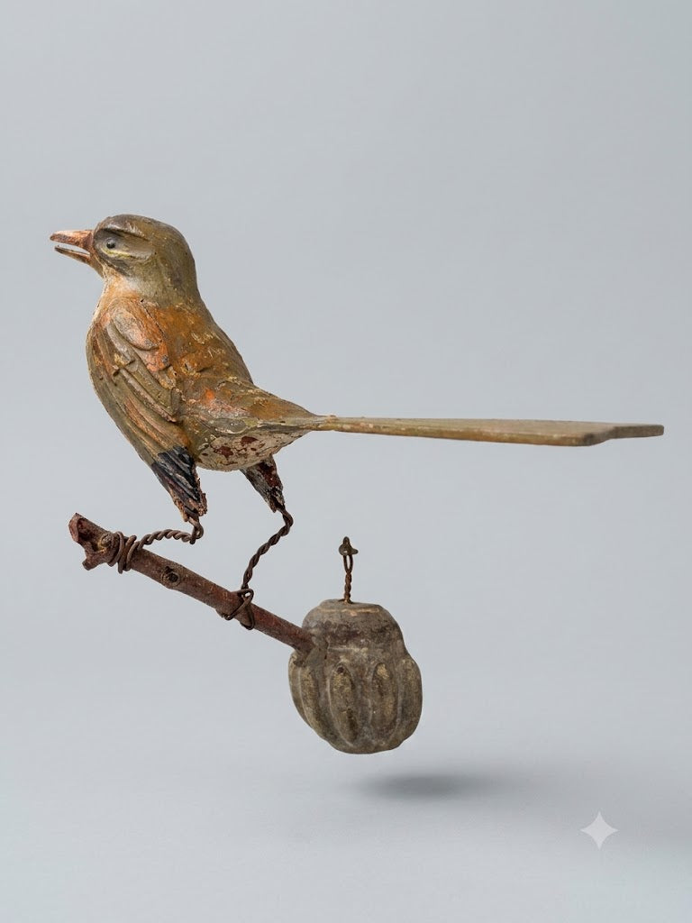Singende Amsel auf Zweig mit Bleigewicht – Museale Handwerkskunst
