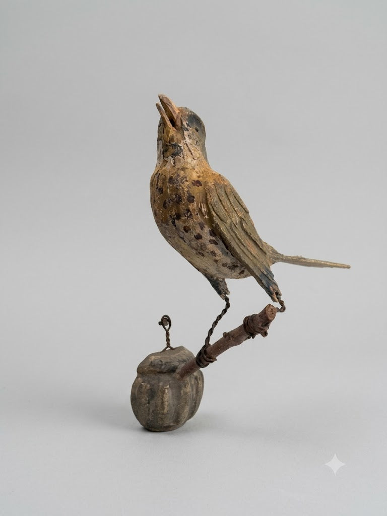 Singende Amsel auf Zweig mit Bleigewicht – Museale Handwerkskunst