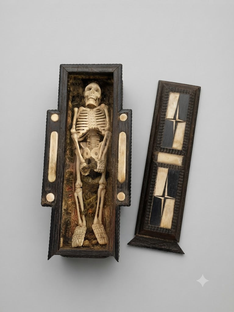 Memento Mori: Barocker „Tödlein“-Sarkophag mit Reliquie und Schriftband (um 1700)