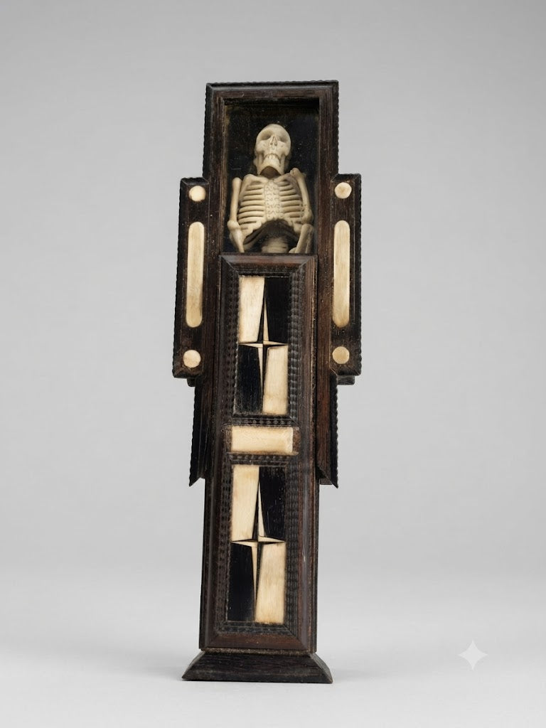 Memento Mori: Barocker „Tödlein“-Sarkophag mit Reliquie und Schriftband (um 1700)
