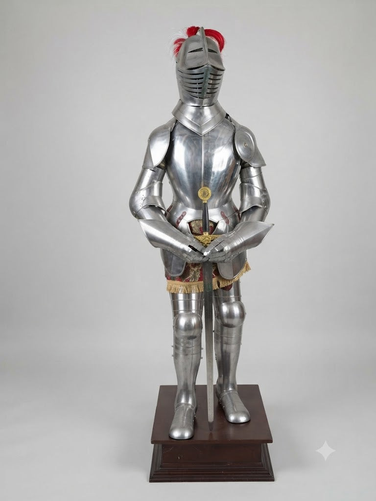Eindrucksvolle Ritterrüstung „Modell Adalbert“ von Kunibert – inkl. Excalibur-Schwert & Holzsockel (ca. 1,95 m)
