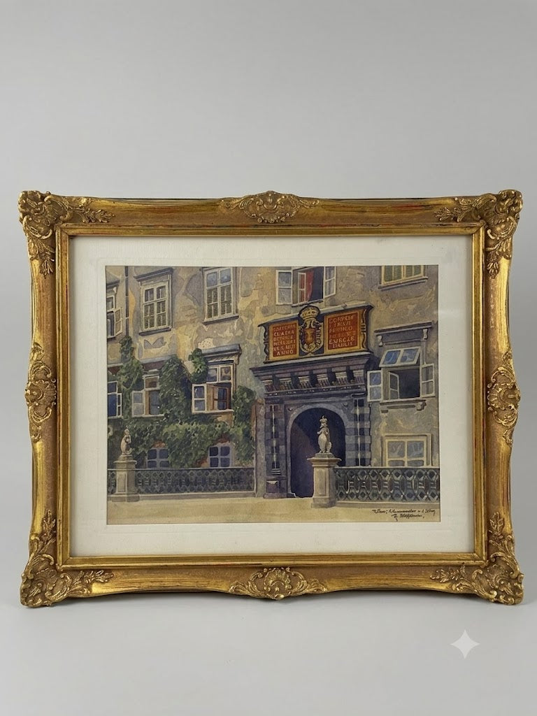 Feines Wiener Aquarell „Das Schweizertor in der Hofburg“ – Handsigniert im prachtvollen Prunkrahmen