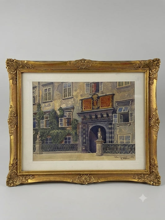 Feines Wiener Aquarell „Das Schweizertor in der Hofburg“ – Handsigniert im prachtvollen Prunkrahmen