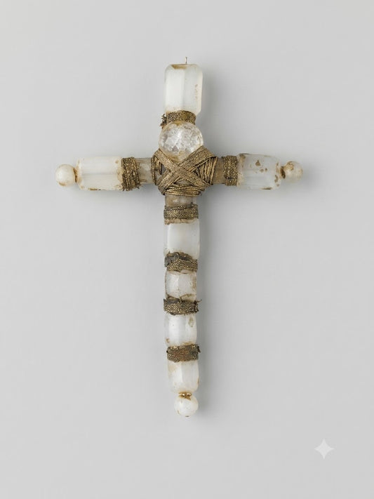 Seltenes Barock-Bergkristallkreuz / Umhängekreuz mit Klosterarbeit-Fassung (18. Jahrhundert)