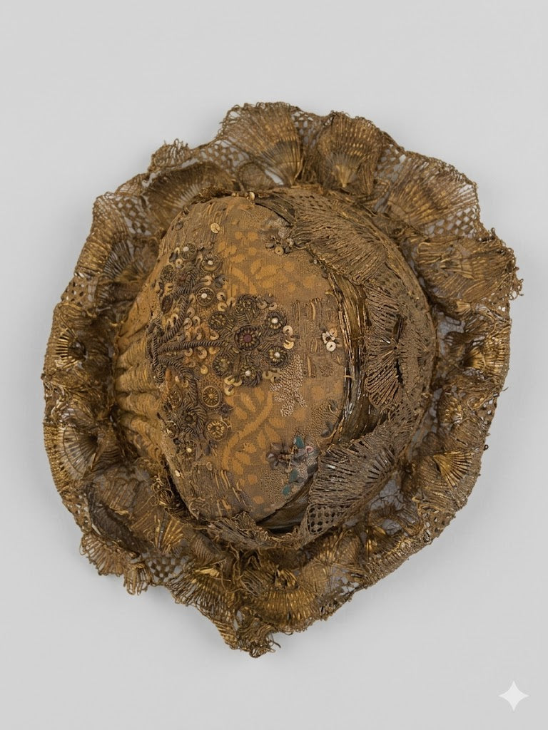Biedermeier Goldhaube – Handgestickte Kostbarkeit um 1880