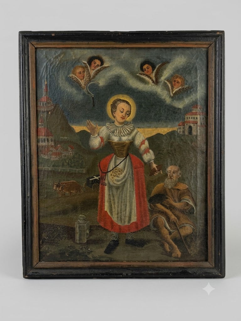 Bedeutendes, großes Ölgemälde der Hl. Notburga um 1700 – Originalrahmen
