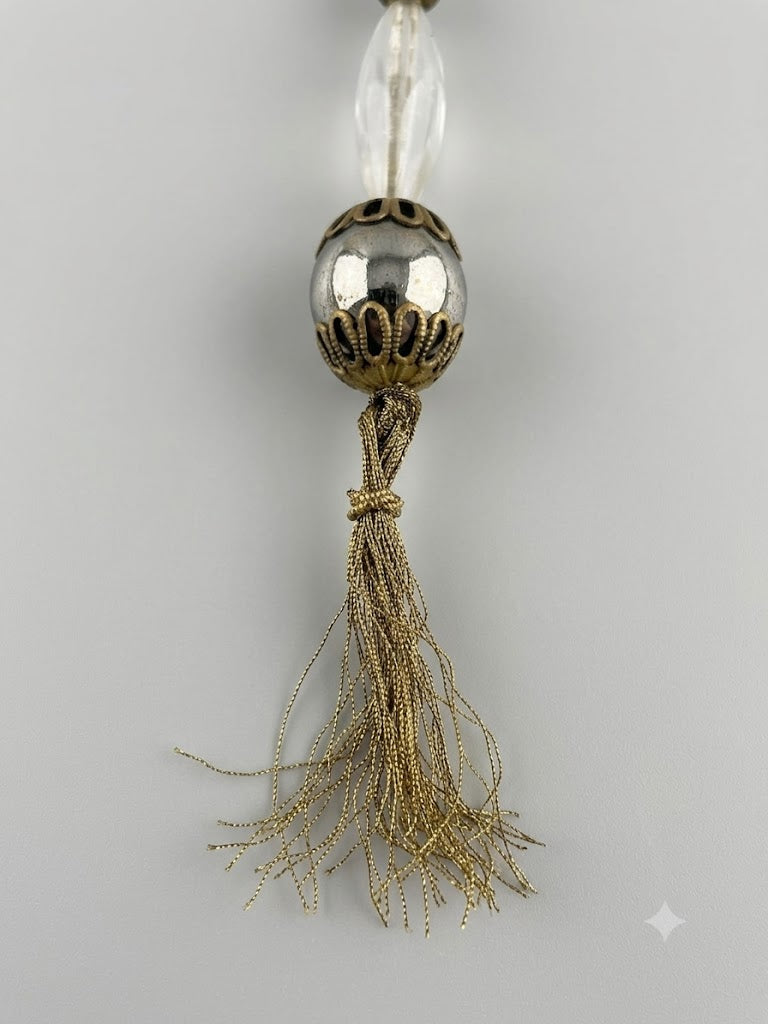 Historischer Biedermeier-Faulenzer / Zehner-Rosenkranz mit 11 Bergkristall-Kugeln & Holzkreuz (um 1850)