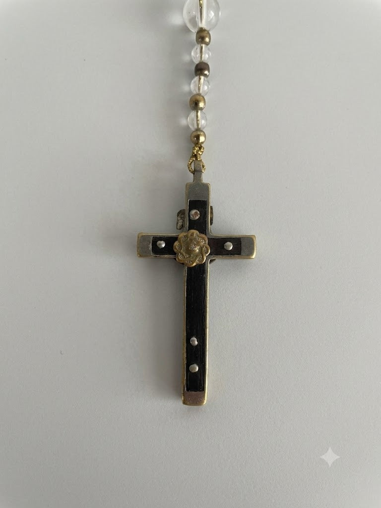 Historischer Biedermeier-Faulenzer / Zehner-Rosenkranz mit 11 Bergkristall-Kugeln & Holzkreuz (um 1850)
