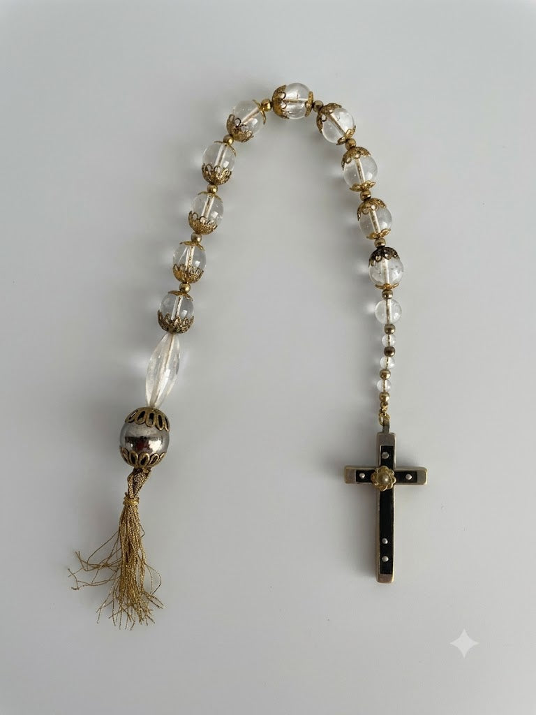 Historischer Biedermeier-Faulenzer / Zehner-Rosenkranz mit 11 Bergkristall-Kugeln & Holzkreuz (um 1850)