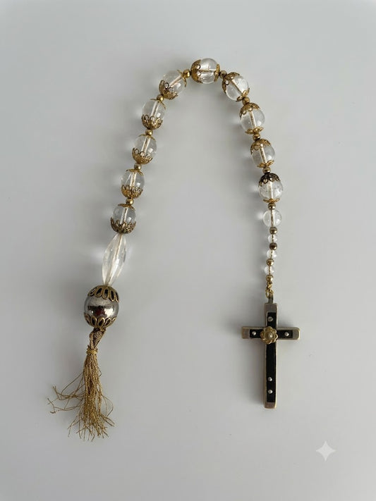Historischer Biedermeier-Faulenzer / Zehner-Rosenkranz mit 11 Bergkristall-Kugeln & Holzkreuz (um 1850)