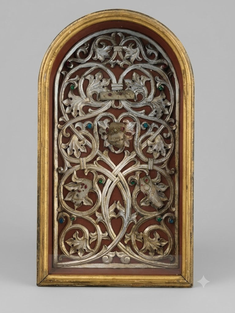 Prachtvolle sakrale Klosterarbeit / Schaukasten-Reliquiar mit Silberfassung (um 1800)