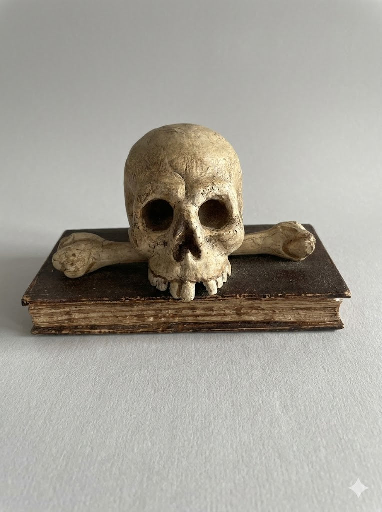 Geschnitzter Totenkopf auf dem Buch des Lebens (um 1850)