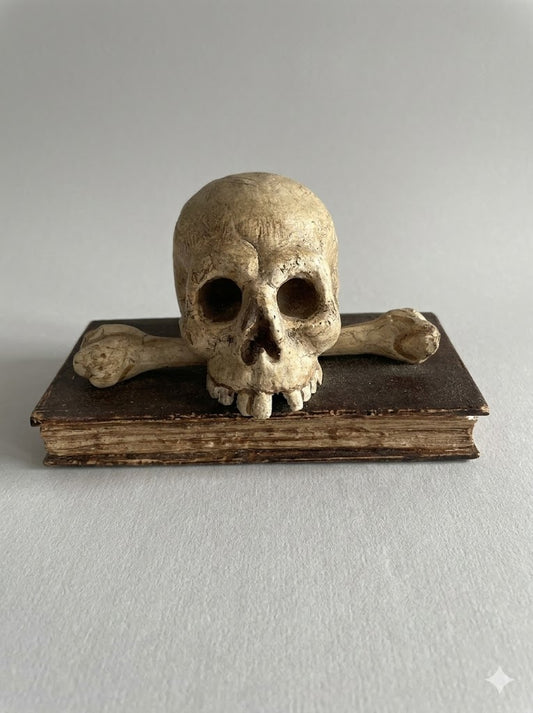 Geschnitzter Totenkopf auf dem Buch des Lebens (um 1850)