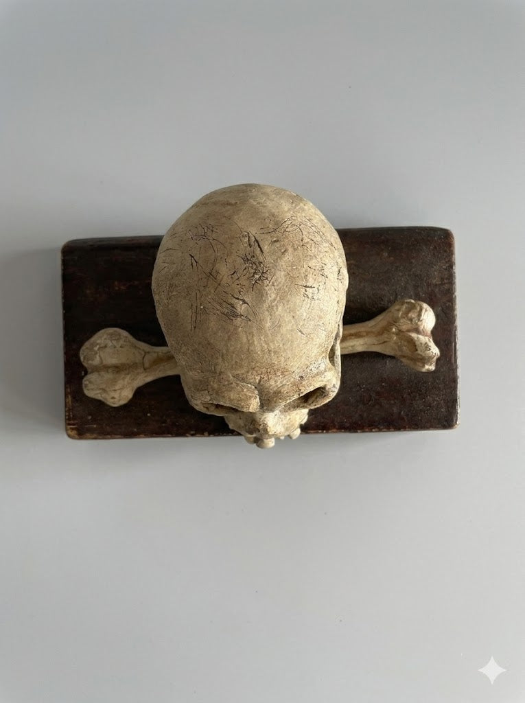 Geschnitzter Totenkopf auf dem Buch des Lebens (um 1850)