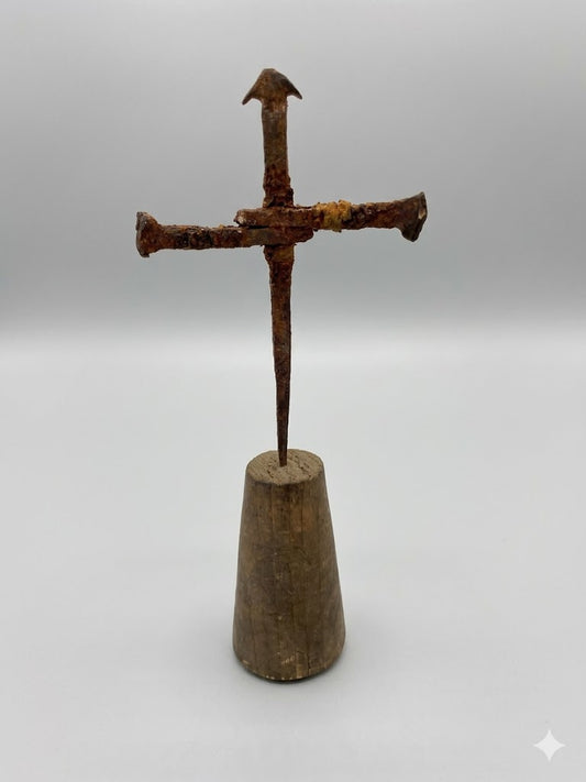 Museales Nagelschmiedkreuz um 1700 – Handgeschmiedet auf Holzsockel (12 cm)