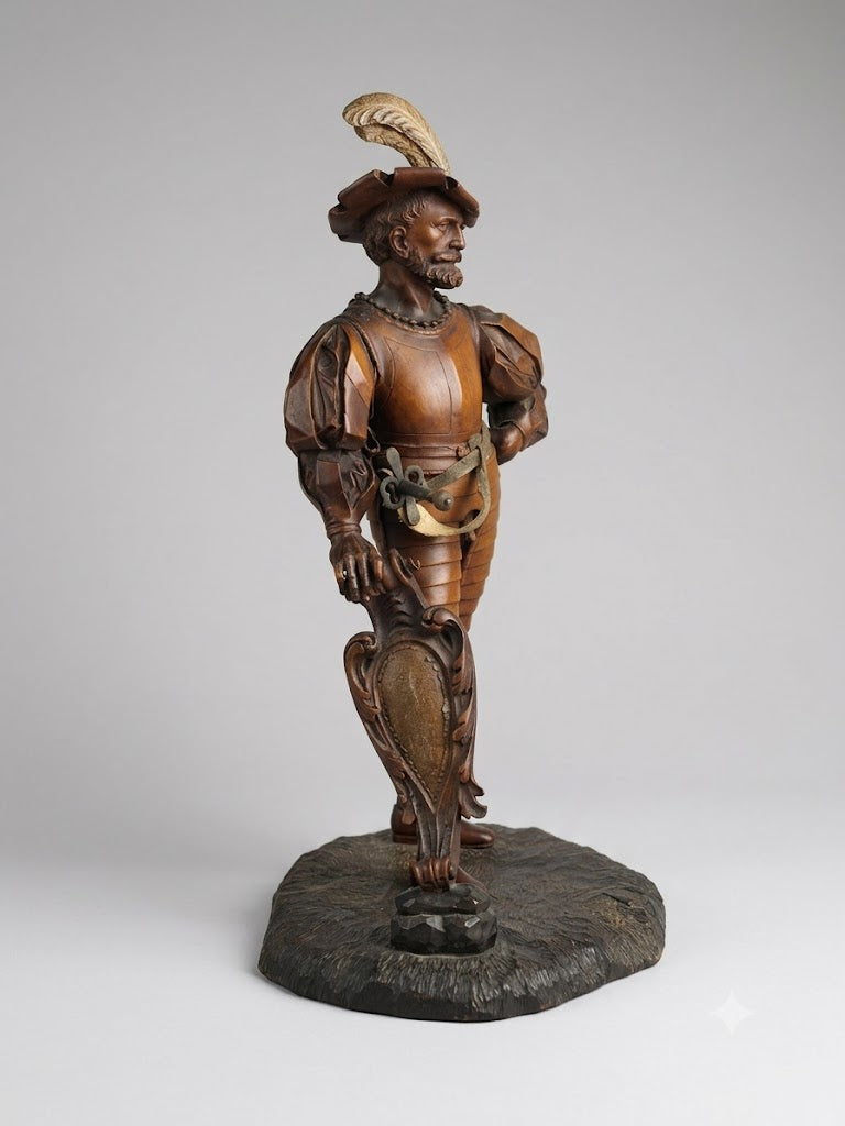 Seltene, fein geschnitzte Buchsbaum-Figur: Ein Landsknecht mit Schild und Schwert (um 1880)