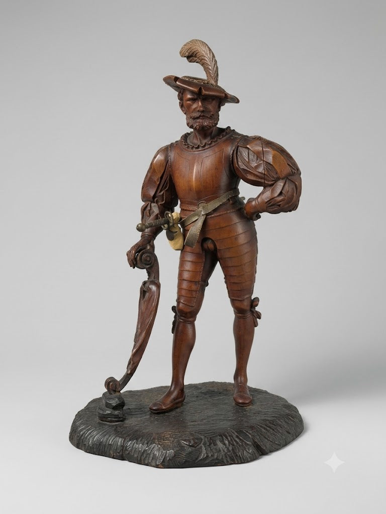 Seltene, fein geschnitzte Buchsbaum-Figur: Ein Landsknecht mit Schild und Schwert (um 1880)