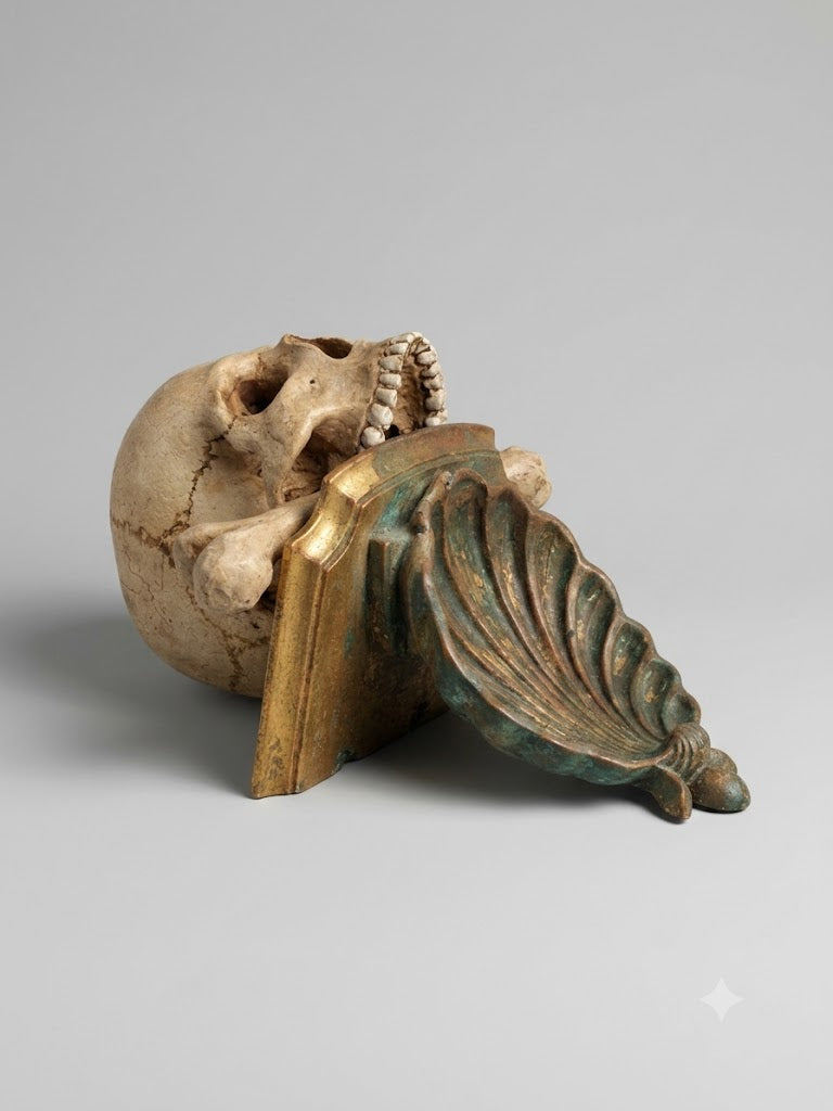 Memento Mori Totenkopf mit gekreuzten Knochen auf originaler Wandkonsole – Tirol, um 1800