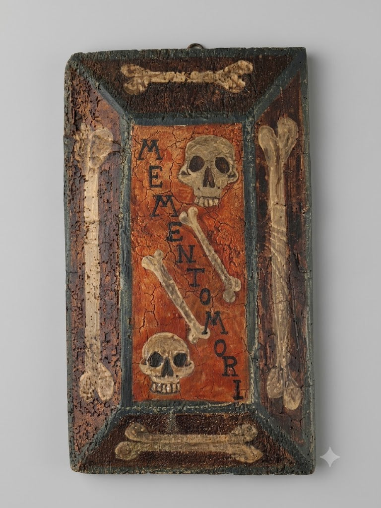 Seltene Memento Mori Totentafel – Handbemalt und gefasst, um 1900