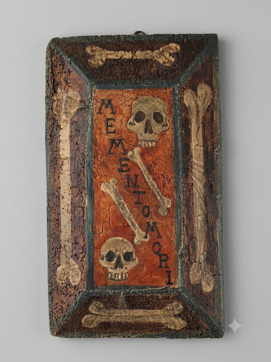 Seltene Memento Mori Totentafel – Handbemalt und gefasst, um 1900