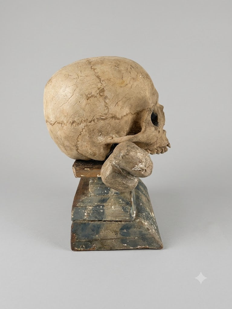 Memento Mori – Geschnitzter Totenkopf mit gekreuzten Knochen auf Podest (um 1800)