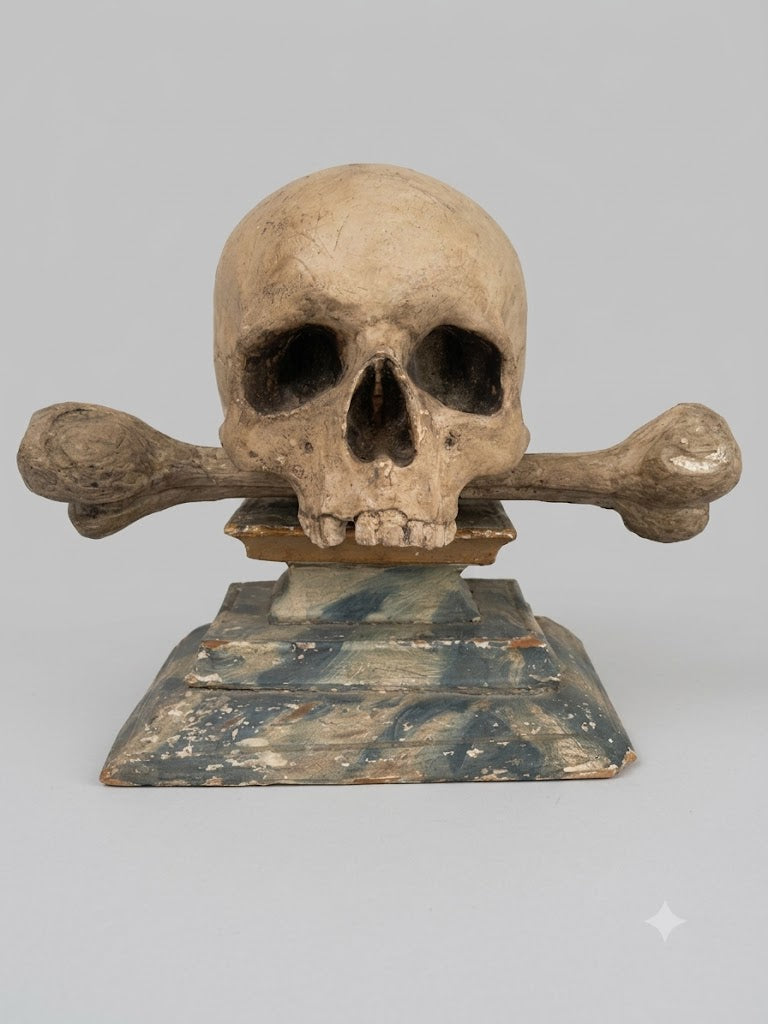 Memento Mori – Geschnitzter Totenkopf mit gekreuzten Knochen auf Podest (um 1800)