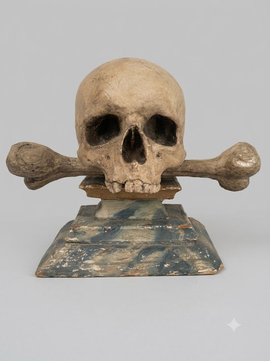 Memento Mori – Geschnitzter Totenkopf mit gekreuzten Knochen auf Podest (um 1800)