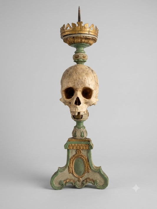 Seltenes Memento Mori: Josefinischer Totenkopfleuchter um 1700 – Holz geschnitzt & gefasst (61 cm)