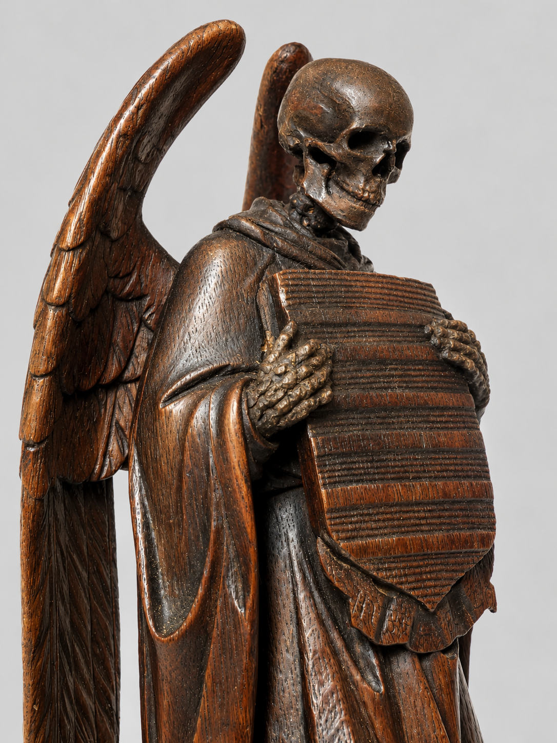 Seltenes Paar geschnitzte Todesengel / Memento-Mori-Figuren mit Wappenschildern (19. Jahrhundert)
