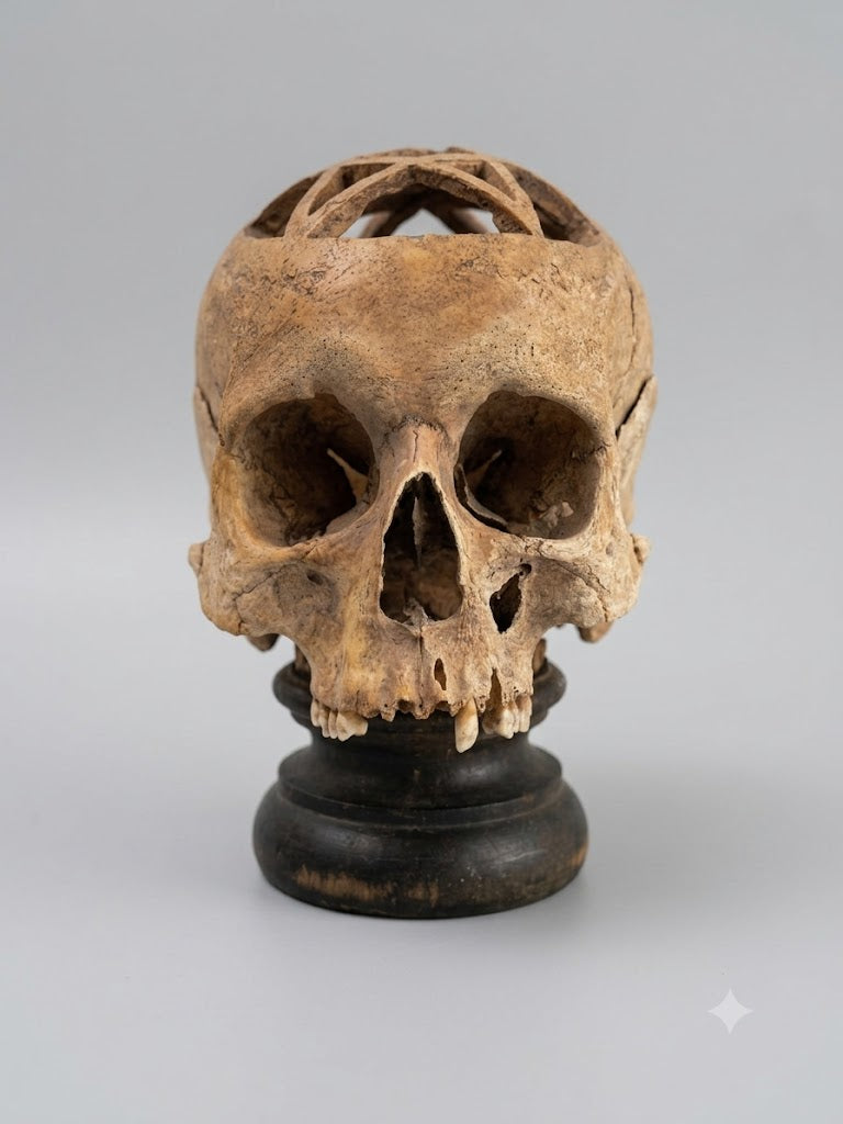 Museales Memento Mori: Durchbrochener Totenkopf mit Pentagramm-Schnitzerei (wohl um 1800)