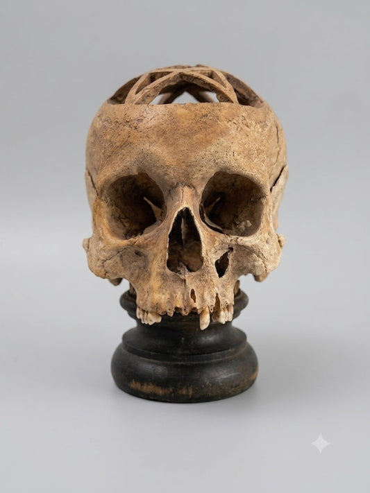 Museales Memento Mori: Durchbrochener Totenkopf mit Pentagramm-Schnitzerei (wohl um 1800)