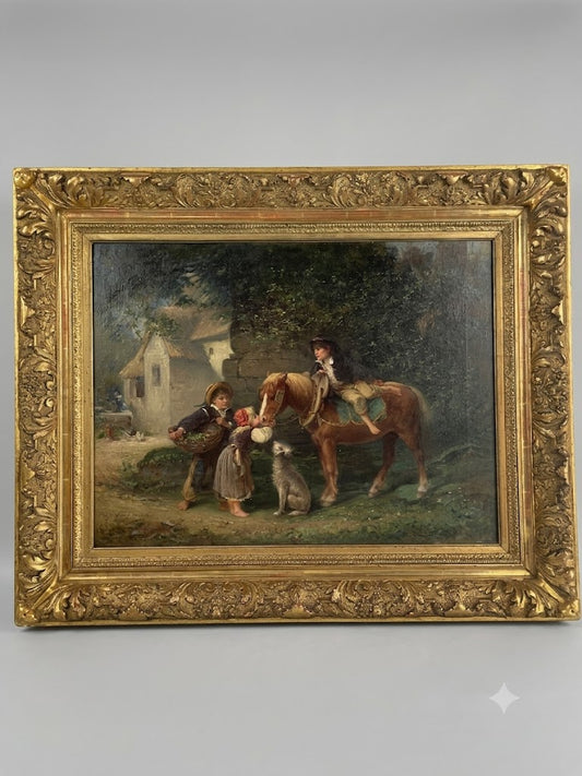 Wundervolles Ölgemälde aus dem 19. Jahrhundert: „Drei Kinder mit Pferd“ von Émile Vauthier (1829–1899)
