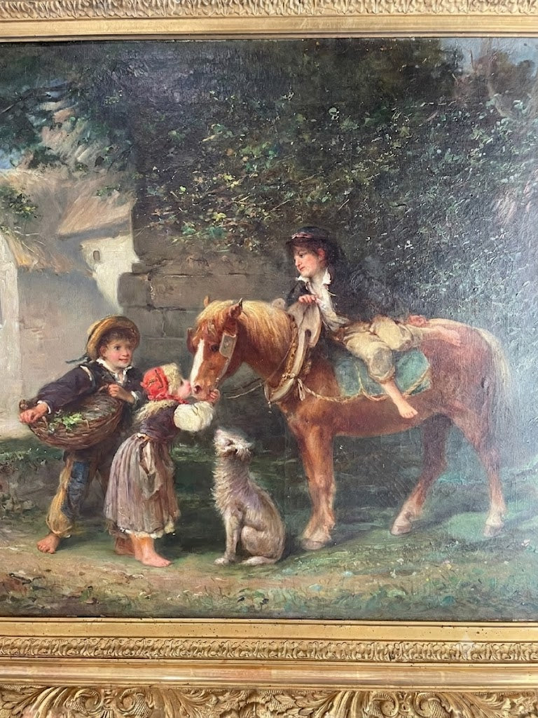 Wundervolles Ölgemälde aus dem 19. Jahrhundert: „Drei Kinder mit Pferd“ von Émile Vauthier (1829–1899)