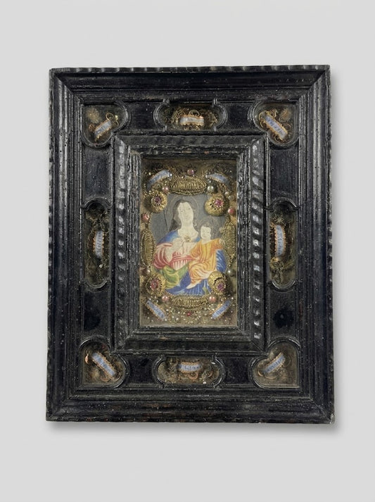 Bedeutender barocker Reliquienschrein / Klosterarbeit mit Maria Hilf und Heiligenreliquien (um 1700)