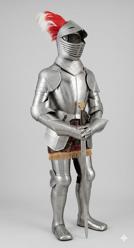 Eindrucksvolle Ritterrüstung „Modell Adalbert“ von Kunibert – inkl. Excalibur-Schwert & Holzsockel (ca. 1,95 m)