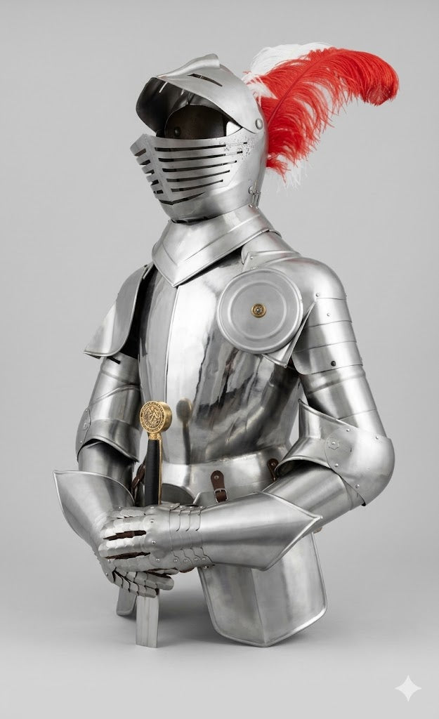 Eindrucksvolle Ritterrüstung „Modell Adalbert“ von Kunibert – inkl. Excalibur-Schwert & Holzsockel (ca. 1,95 m)