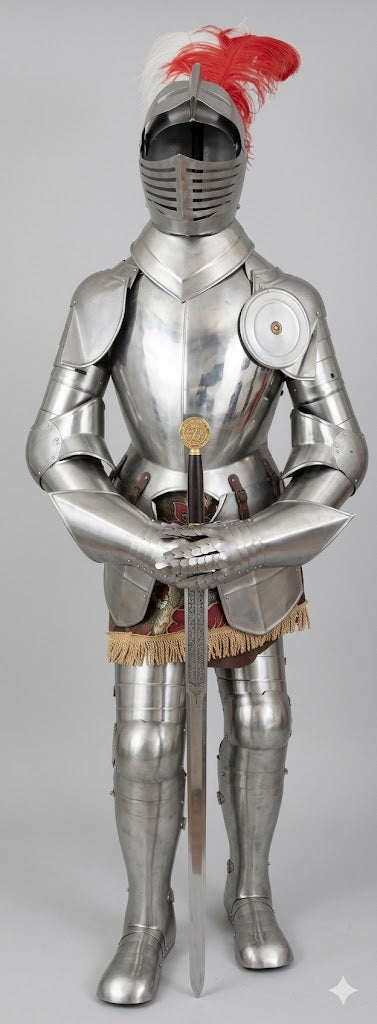 Eindrucksvolle Ritterrüstung „Modell Adalbert“ von Kunibert – inkl. Excalibur-Schwert & Holzsockel (ca. 1,95 m)