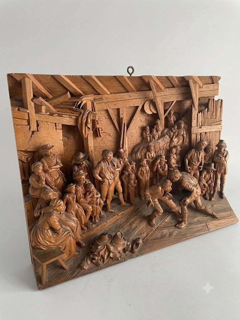 Bedeutendes Tiroler Relief (Johann Baptist Steiner zugeschrieben) – „Ranglerei in der Scheune“ um 1800
