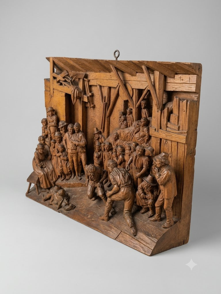Bedeutendes Tiroler Relief (Johann Baptist Steiner zugeschrieben) – „Ranglerei in der Scheune“ um 1800