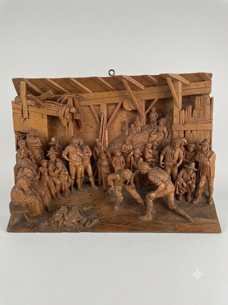 Bedeutendes Tiroler Relief (Johann Baptist Steiner zugeschrieben) – „Ranglerei in der Scheune“ um 1800