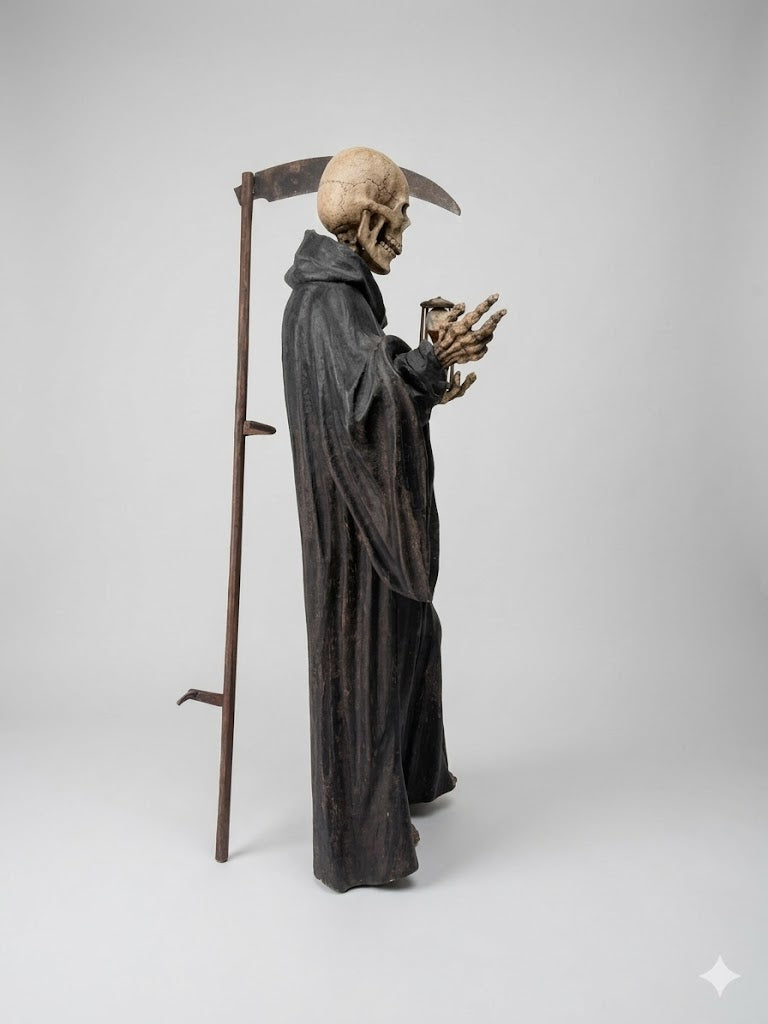 Museales Memento Mori: Gevatter Tod mit Sense sowie Sanduhr – Suedtirol um 1800