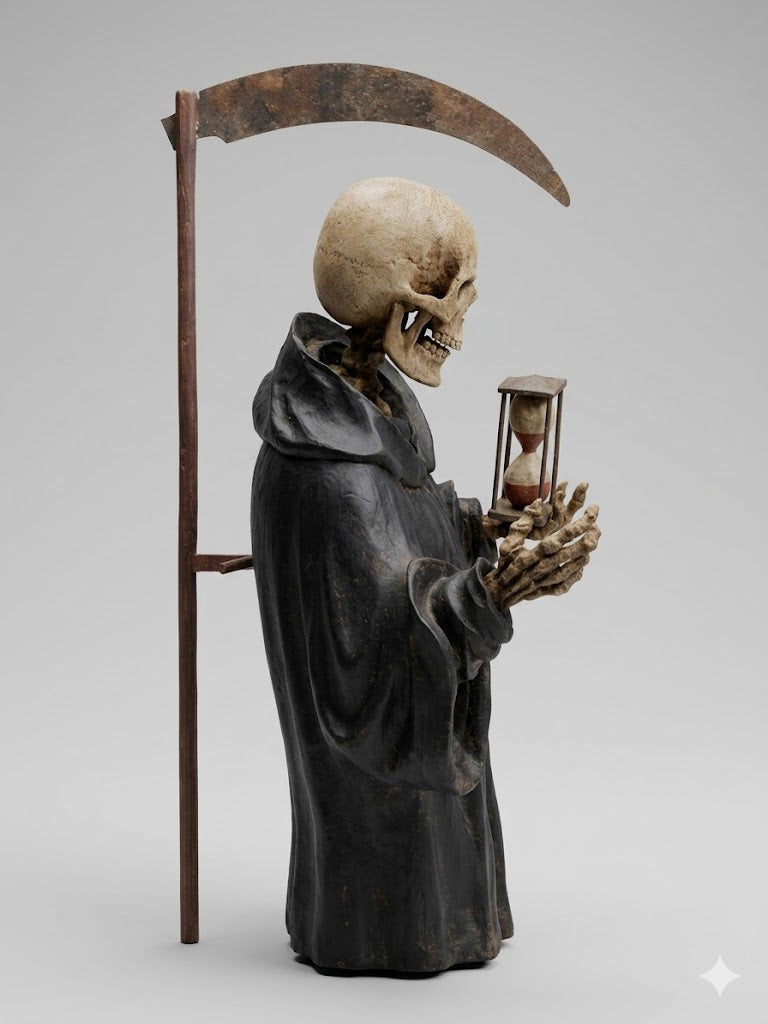 Museales Memento Mori: Gevatter Tod mit Sense sowie Sanduhr – Suedtirol um 1800