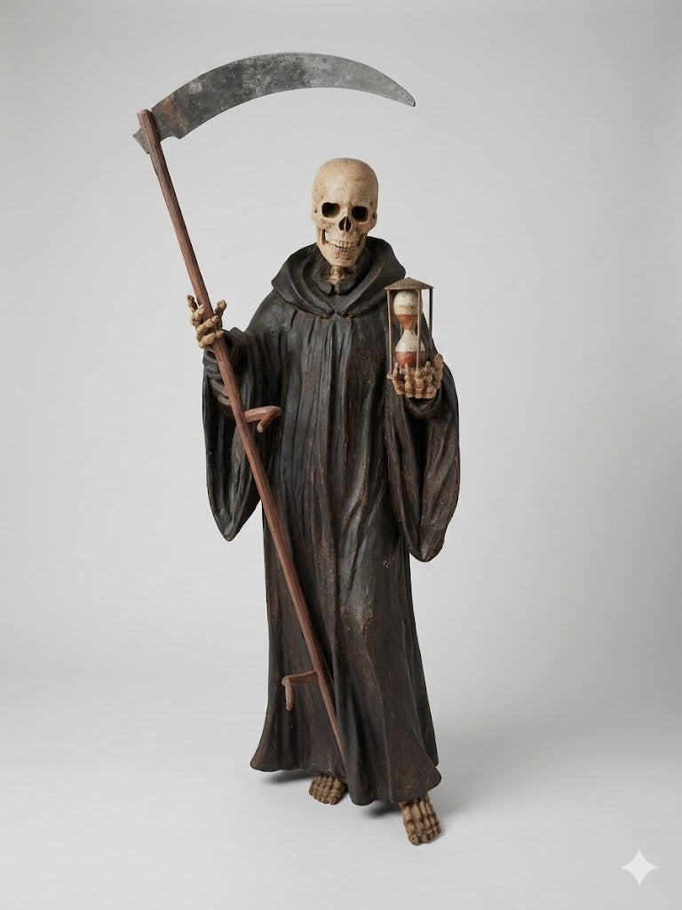 Museales Memento Mori: Gevatter Tod mit Sense sowie Sanduhr – Suedtirol um 1800