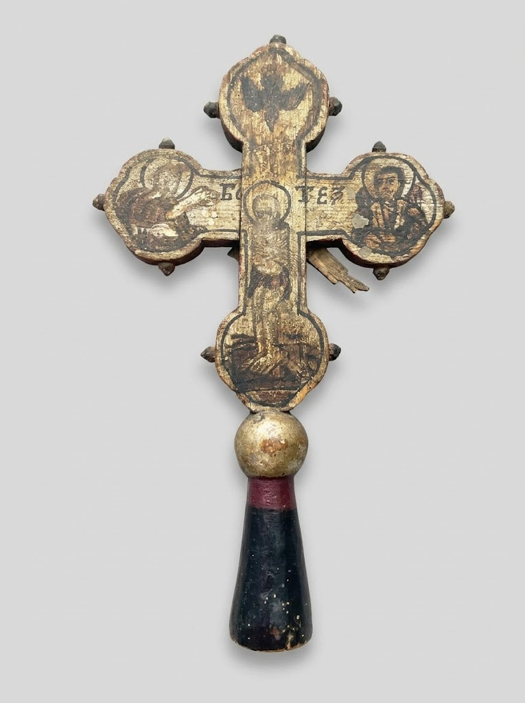 Seltenes orthodoxes Vortragskreuz und Segenskreuz aus Holz (um 1850)