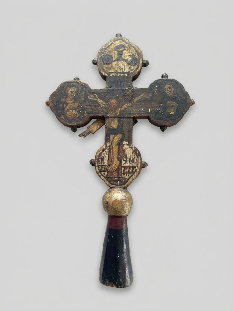 Seltenes orthodoxes Vortragskreuz und Segenskreuz aus Holz (um 1850)